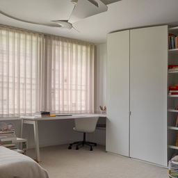 A teenage room featuring two small separate windows with curtains, a filled bookshelf, a study table and chair, a circulating fan, and a spacious wardrobe