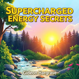 A flat cover design featuring a realistic illustration of a serene nature scene with a vibrant sunrise illuminating a peaceful forest