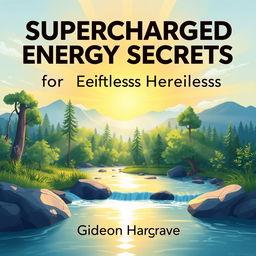 A flat cover design featuring a realistic illustration of a serene nature scene with a vibrant sunrise illuminating a peaceful forest