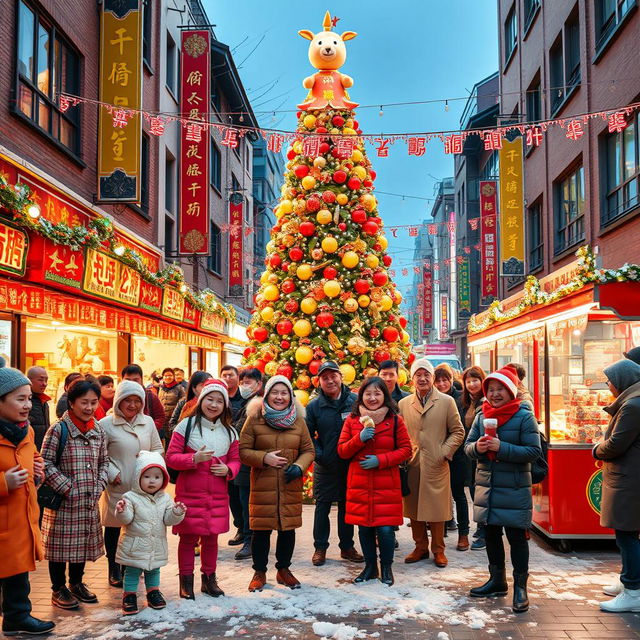 A vibrant scene depicting a diverse group of Chinese people joyfully celebrating Christmas in a festive urban setting