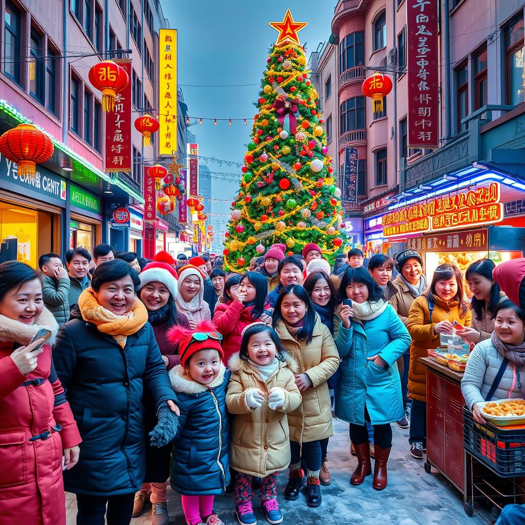 A vibrant scene depicting a diverse group of Chinese people joyfully celebrating Christmas in a festive urban setting