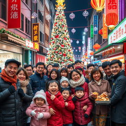 A vibrant scene depicting a diverse group of Chinese people joyfully celebrating Christmas in a festive urban setting