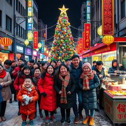 A vibrant scene depicting a diverse group of Chinese people joyfully celebrating Christmas in a festive urban setting