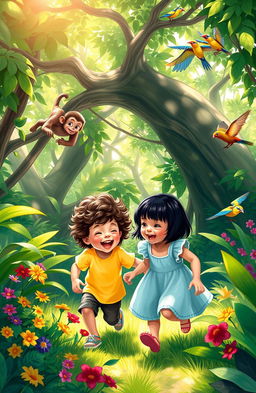 A vibrant digital painting depicting two small children joyfully playing in a lush, green jungle