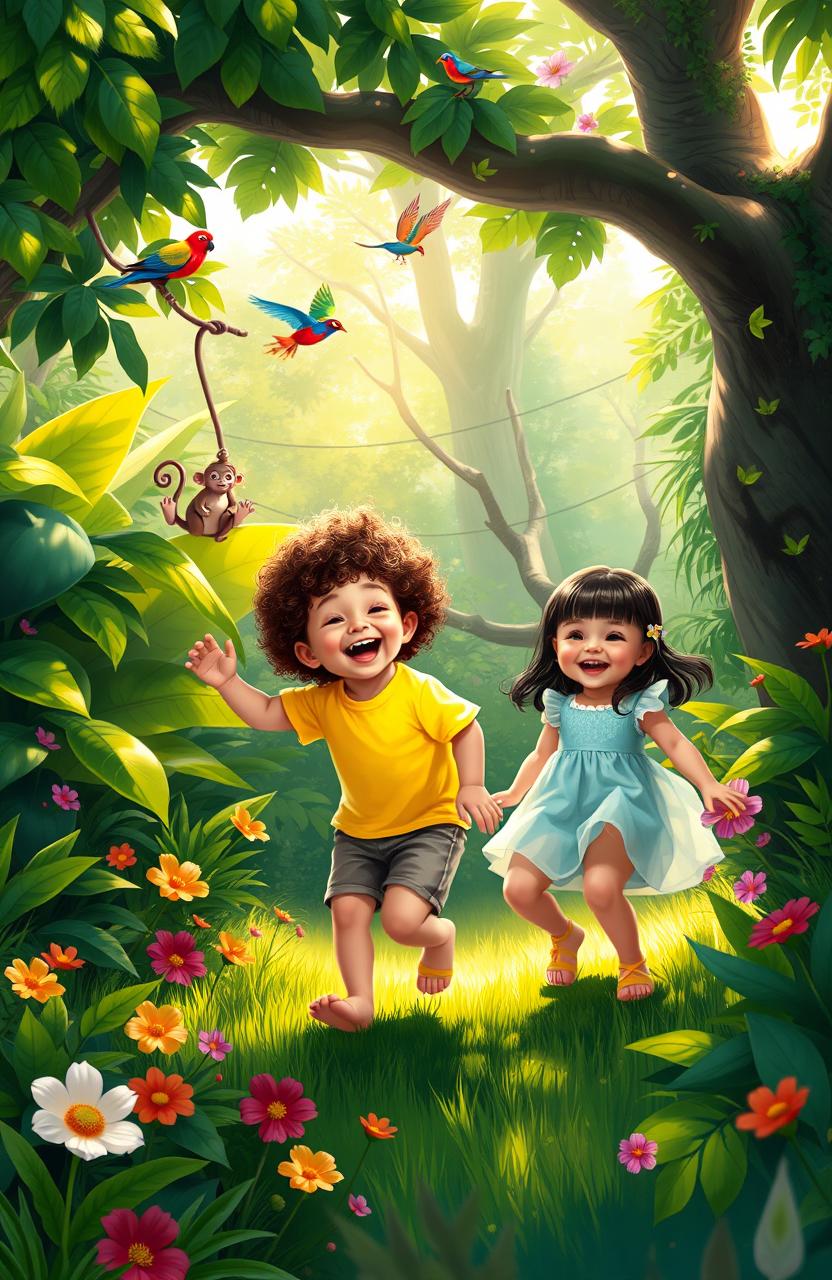 A vibrant digital painting depicting two small children joyfully playing in a lush, green jungle