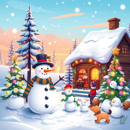A whimsical and cheerful Christmas-themed cartoon scene featuring a cozy cabin decorated with colorful Christmas lights and a snow-covered roof