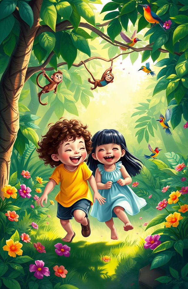 A vibrant digital painting depicting two small children joyfully playing in a lush, green jungle