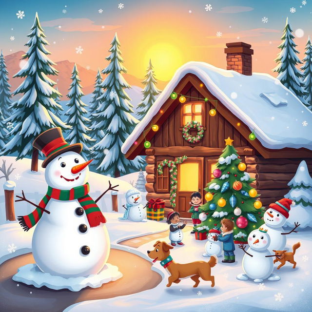 A whimsical and cheerful Christmas-themed cartoon scene featuring a cozy cabin decorated with colorful Christmas lights and a snow-covered roof