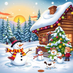 A whimsical and cheerful Christmas-themed cartoon scene featuring a cozy cabin decorated with colorful Christmas lights and a snow-covered roof