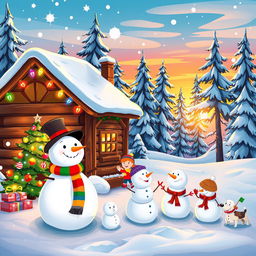 A whimsical and cheerful Christmas-themed cartoon scene featuring a cozy cabin decorated with colorful Christmas lights and a snow-covered roof