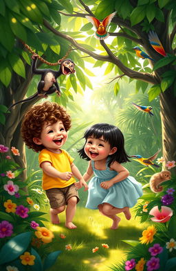 A vibrant digital painting depicting two small children joyfully playing in a lush, green jungle