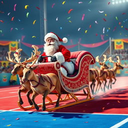 In a whimsical scene, Santa Claus, dressed in his iconic red suit with white fur trim, joyfully rides in a sparkling, ornate sleigh