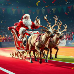 In a whimsical scene, Santa Claus, dressed in his iconic red suit with white fur trim, joyfully rides in a sparkling, ornate sleigh