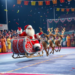 In a whimsical scene, Santa Claus, dressed in his iconic red suit with white fur trim, joyfully rides in a sparkling, ornate sleigh