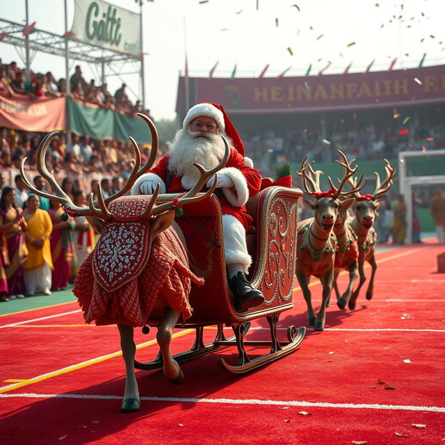 In a whimsical scene, Santa Claus, dressed in his iconic red suit with white fur trim, joyfully rides in a sparkling, ornate sleigh