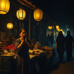 A nighttime scene in a traditional Javanese market from the 1990s, illuminated by dim, yellowish lanterns casting a warm glow