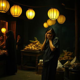 A nighttime scene in a traditional Javanese market from the 1990s, illuminated by dim, yellowish lanterns casting a warm glow