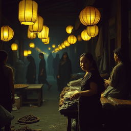 A nighttime scene in a traditional Javanese market from the 1990s, illuminated by dim, yellowish lanterns casting a warm glow