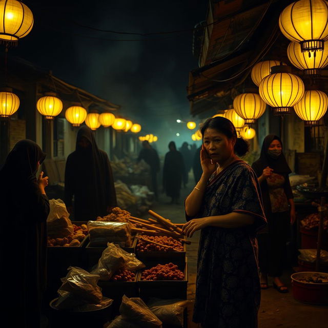 A nighttime scene in a traditional Javanese market from the 1990s, illuminated by dim, yellowish lanterns casting a warm glow