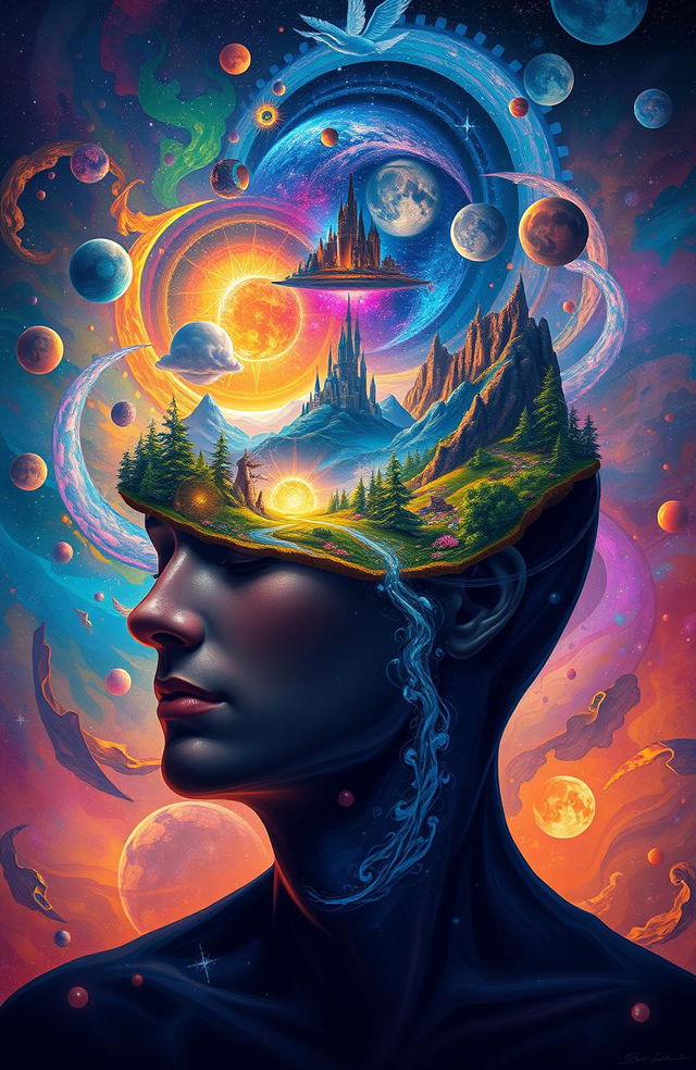 A stunning digital painting that visually illustrates a person with an open mind, showcasing an expansive and intricate world inside