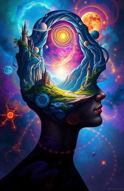 A stunning digital painting that visually illustrates a person with an open mind, showcasing an expansive and intricate world inside