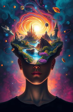 A stunning digital painting that visually illustrates a person with an open mind, showcasing an expansive and intricate world inside