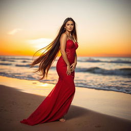 A beautiful young adult woman with long flowing brunette hair, wearing an elegant red evening gown, standing gracefully against a scenic sunset backdrop on a beach, soft waves lapping at the shore, her expression serene and confident, capturing the essence of beauty