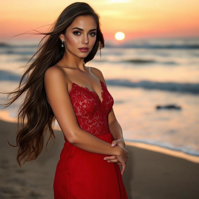 A beautiful young adult woman with long flowing brunette hair, wearing an elegant red evening gown, standing gracefully against a scenic sunset backdrop on a beach, soft waves lapping at the shore, her expression serene and confident, capturing the essence of beauty