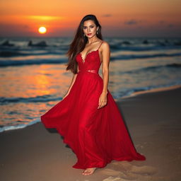 A beautiful young adult woman with long flowing brunette hair, wearing an elegant red evening gown, standing gracefully against a scenic sunset backdrop on a beach, soft waves lapping at the shore, her expression serene and confident, capturing the essence of beauty
