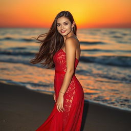 A beautiful young adult woman with long flowing brunette hair, wearing an elegant red evening gown, standing gracefully against a scenic sunset backdrop on a beach, soft waves lapping at the shore, her expression serene and confident, capturing the essence of beauty