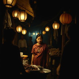 A mysterious nighttime scene in a traditional Javanese market from the 1990s, illuminated by dim, flickering lanterns that create an unsettling ambiance