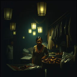 A mysterious nighttime scene in a traditional Javanese market from the 1990s, illuminated by dim, flickering lanterns that create an unsettling ambiance