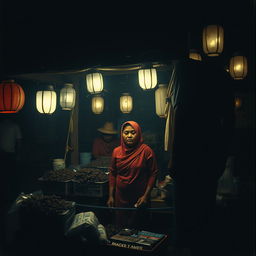 A mysterious nighttime scene in a traditional Javanese market from the 1990s, illuminated by dim, flickering lanterns that create an unsettling ambiance