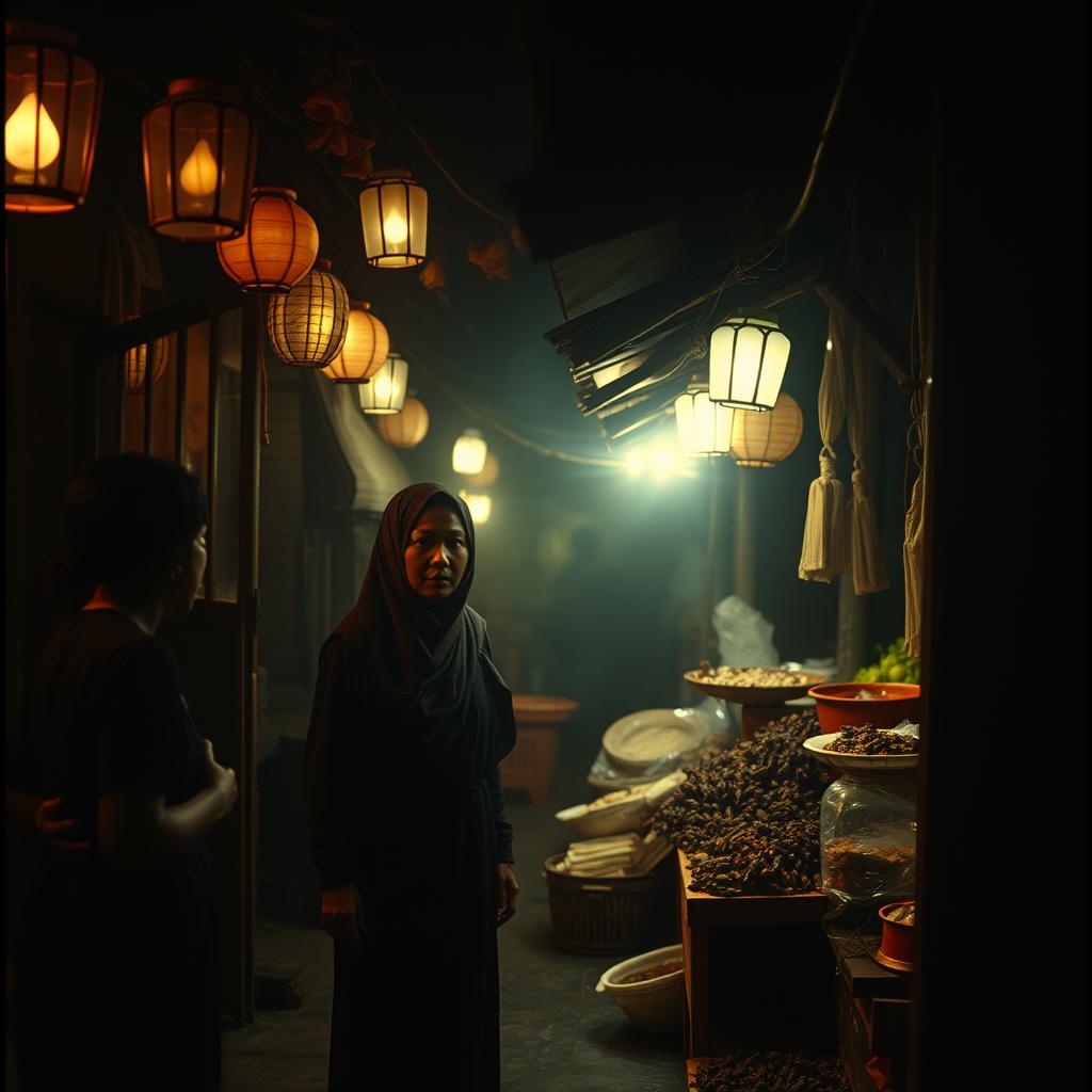 A mysterious nighttime scene in a traditional Javanese market from the 1990s, illuminated by dim, flickering lanterns that create an unsettling ambiance