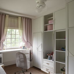 A teenage room featuring two small separate windows with curtains, a filled bookshelf, a study table and chair, a circulating fan, and a spacious wardrobe