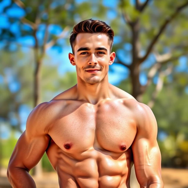 A handsome, muscular man without a shirt, showcasing well-defined abs and a strong physique