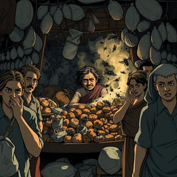 A bustling market scene filled with tension and unease