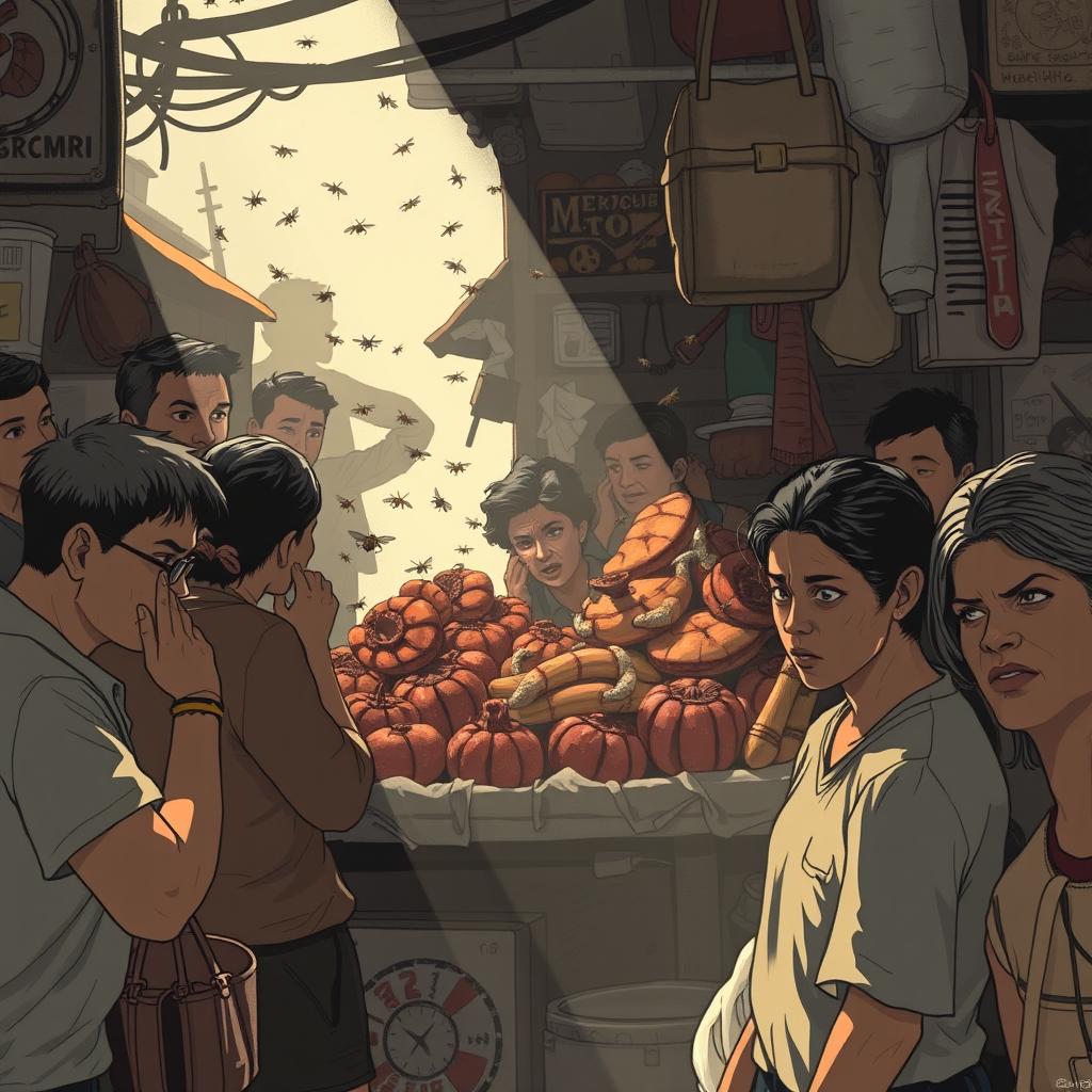 A bustling market scene filled with tension and unease