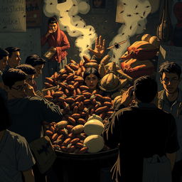 A bustling market scene filled with tension and unease