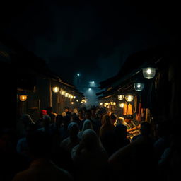 A nighttime scene in a traditional Javanese market from the 1990s, illuminated by flickering lamps that cast eerie shadows