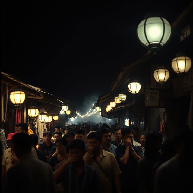 A nighttime scene in a traditional Javanese market from the 1990s, illuminated by flickering lamps that cast eerie shadows