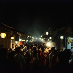 A nighttime scene in a traditional Javanese market from the 1990s, illuminated by flickering lamps that cast eerie shadows