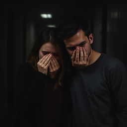 Two people standing close together, covering their noses with their hands, their expressions conveying discomfort and unease