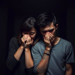 Two people standing close together, covering their noses with their hands, their expressions conveying discomfort and unease