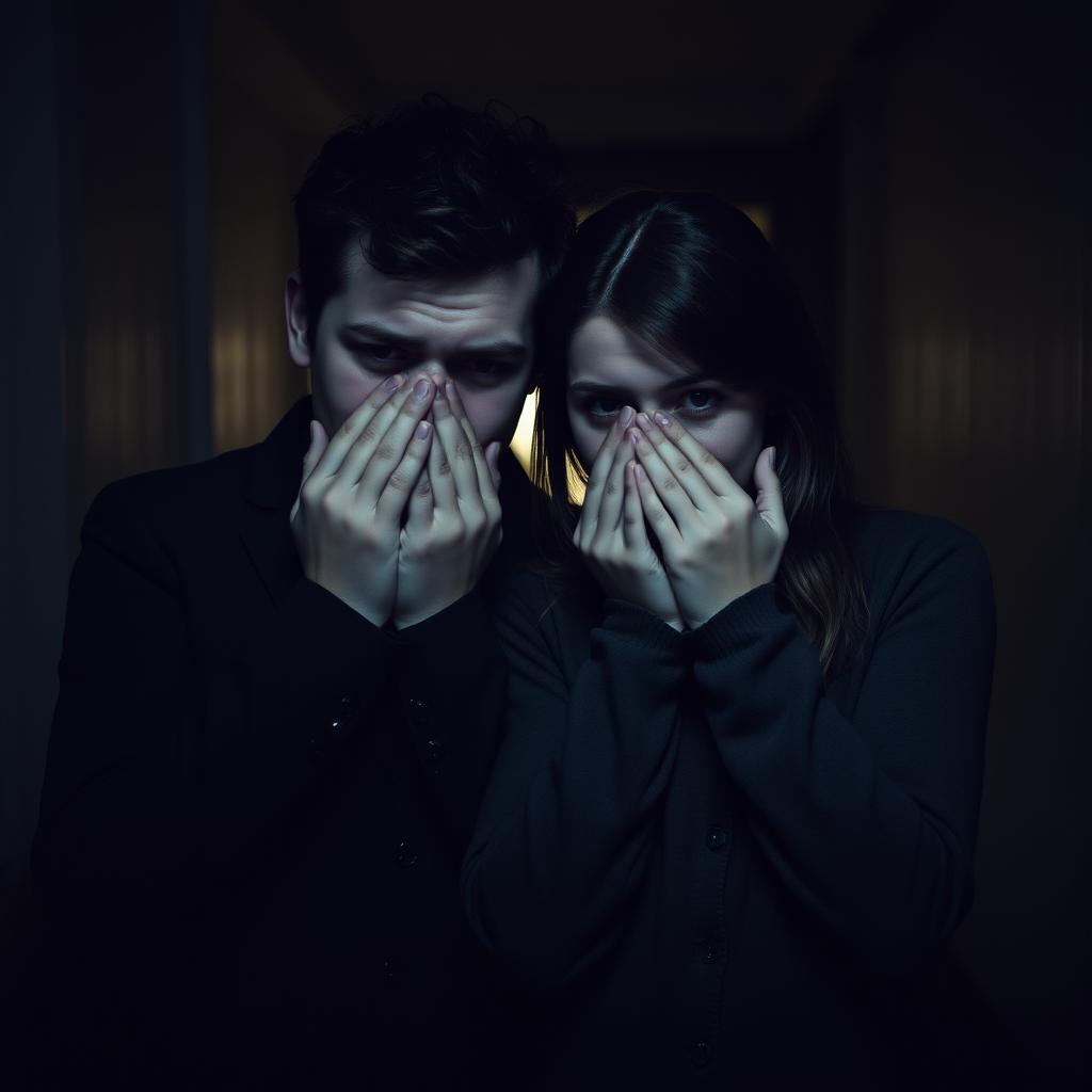 Two people standing close together, covering their noses with their hands, their expressions conveying discomfort and unease