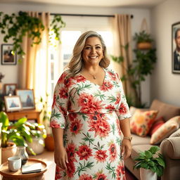 A confident and stylish BBW (big beautiful woman) aunt, with a warm smile