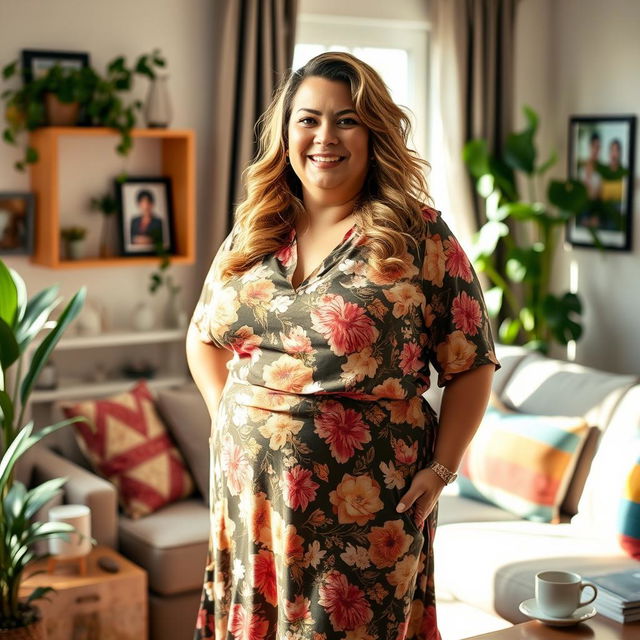 A confident and stylish BBW (big beautiful woman) aunt, with a warm smile