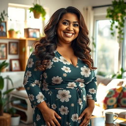 A confident and stylish BBW (big beautiful woman) aunt, with a warm smile