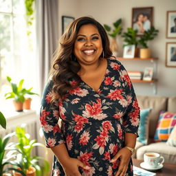 A confident and stylish BBW (big beautiful woman) aunt, with a warm smile