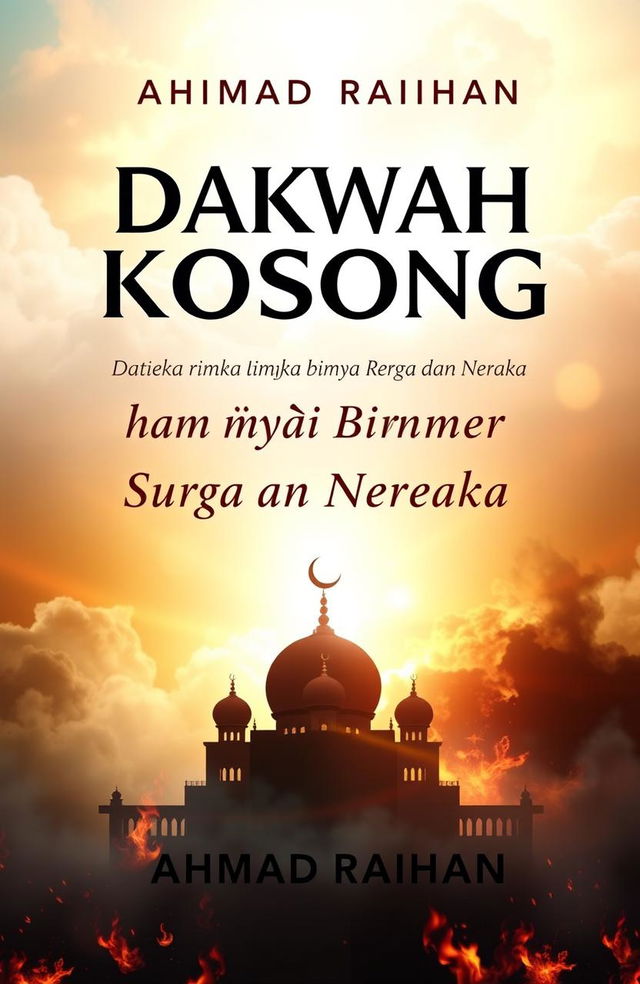 An A4 book cover design featuring the title "Dakwah Kosong: Ketika Mimbar Hanya Bicara Surga dan Neraka" prominently displayed at the top in bold, eye-catching typography